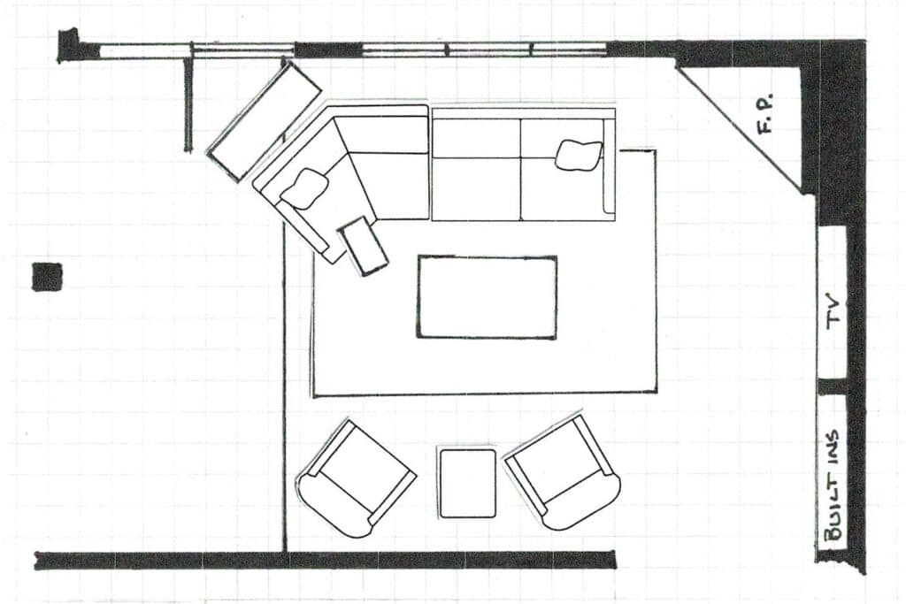 Floor plan depicting the layout of furniture in the client's lower level family room. Angled sectional on one side, two swivel chairs and an ottoman on the opposite wall with a coffee table in the middle of the room.