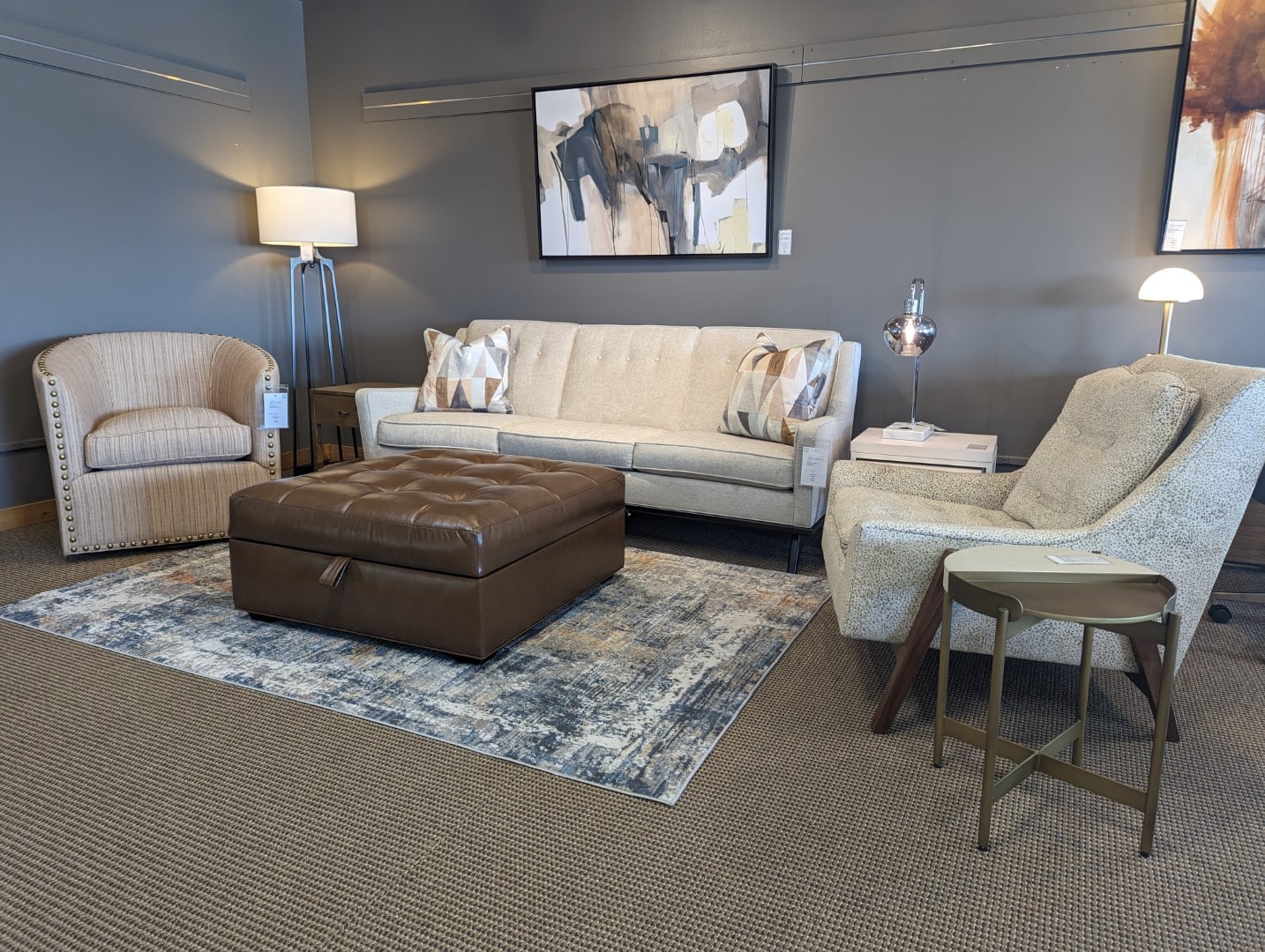 Ana Sofa with Sally Swivel Chair Grace Chair and Baxter Storage Ottoman - At By Design Custom Furniture + Interior Design