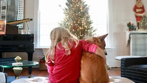 girl and dog in front of tree