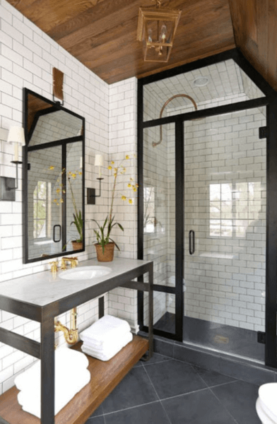 Black and white bathroom with wood ceiling