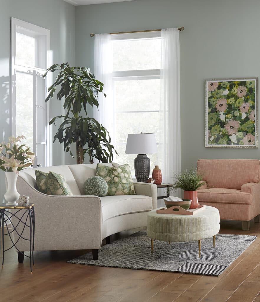 Modern Pastel Colored Interior Of Living Room With Wooden Sideboard Over  Light Green Brick Wall And Sofa 3d Rendering Stock Photo, Picture And  Royalty Free Image. Image 123395659.